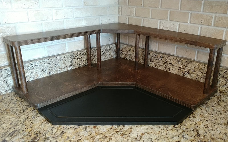 Counter Caddies™ - Walnut-Stained Corner Shelf - Barista Style - dark stain cutting board