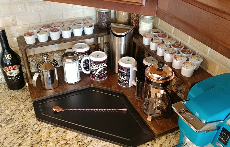 Counter Caddies™ - Walnut-Stained Corner Shelf - Barista Style w/ K-CUP Holes & Trash Can Inset - coffee mugs condiments supplies