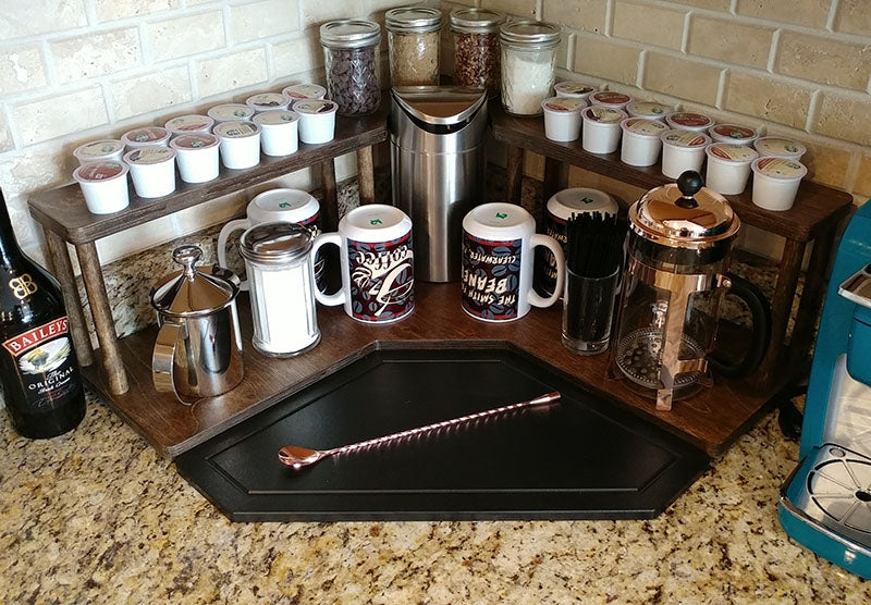 Counter Caddies™ - Walnut-Stained Corner Shelf - Barista Style w/ K-CUP Holes & Trash Can Inset - coffee mugs condiments supplies