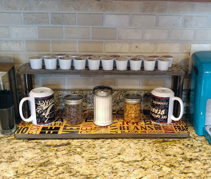 Counter Caddies™ - "BARISTA" Themed Artwork - Straight Shelf - w/ K-Cup Holes - coffee mugs condiments supplies