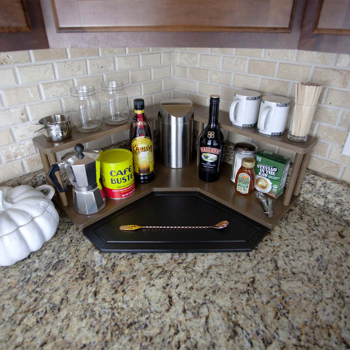 Counter Caddies™ - Walnut-Stained Corner Shelf - Barista Style w/ Trash Can Inset - coffee mugs condiments supplies