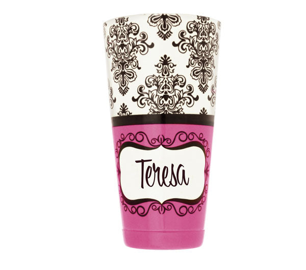 ADD YOUR NAME - Cocktail Shaker Tin - 28 oz weighted - Pink Damask Facing UP