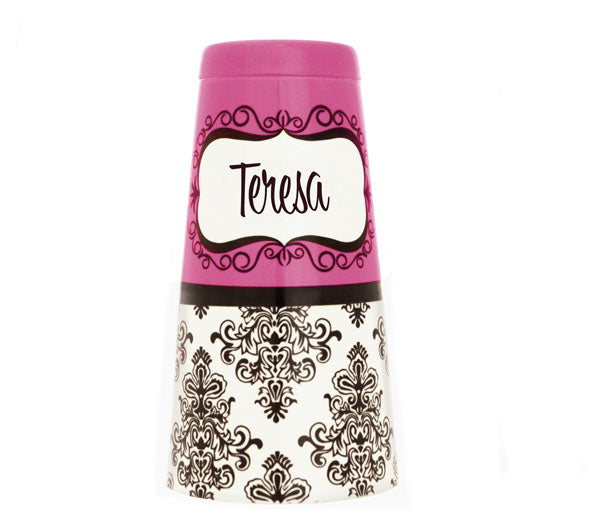ADD YOUR NAME - Cocktail Shaker Tin - 28 oz weighted - Damask Pink  Facing DOWN