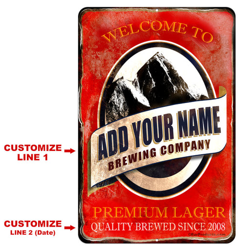 CUSTOMIZABLE Vintage Metal Bar Sign - 12" x 18" - Brewing Company (Red)