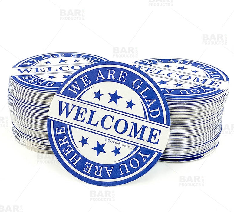 Drink Coasters - Round 3.5" Diameter "We Are Glad You Are Here" - Pack of 250