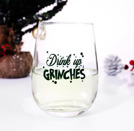 Drink Up Grinches Stemless Wine Glass