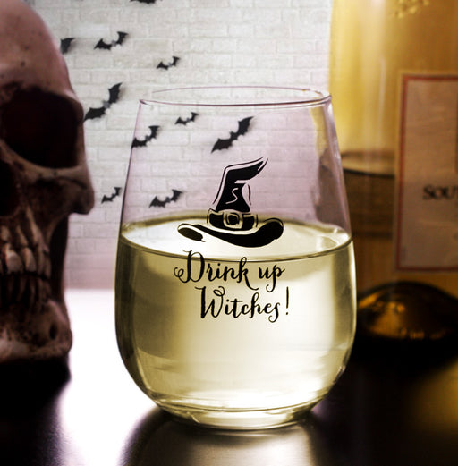 Drink Up Witches Halloween Stemless Wine Glass