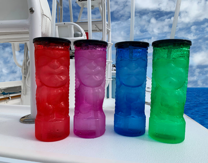 BarConic® Drinkware - Blue Plastic Tiki Cup w/ Lid and Straw - 24 ounce