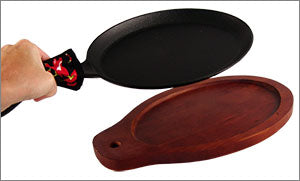 Oval Cast Iron Fajita Skillet with Gripper and Wood Underliner 12 5