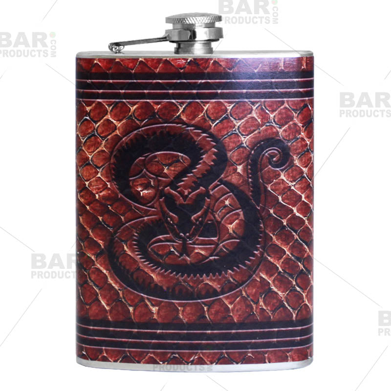 Stainless Steel Hip Flask - Leather Snake Design - 8 ounce