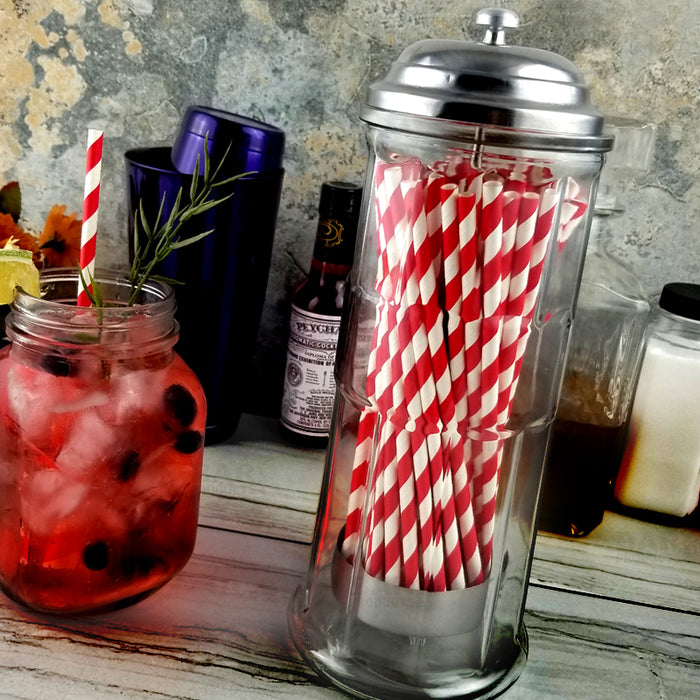 Kailund Glass Straw Dispenser with Stainless Steel Lid, Drinking Straw  Holder for Counter with Lid, Retro Straw Organizer Container Dispenser 
