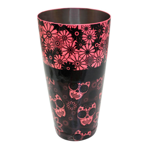 Cocktail Shaker Tin - Printed Designer Series - 28oz weighted - NEON Pink Glitter Floral Skulls