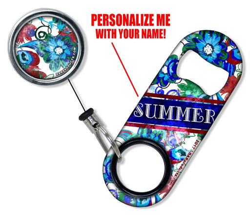 CUSTOMIZABLE Mini Bottle Opener with Retractable Reel - Grungy Floral