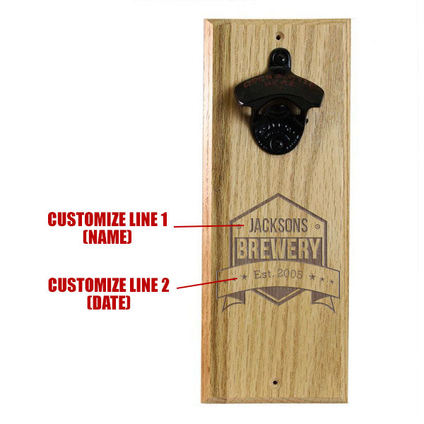 Engraved Brewery Wooden Wall Bottle Opener w/ Magnetic Cap Catcher