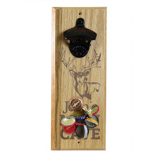 Engraved Man Cave Wooden Wall Bottle Opener w/ Magnetic Cap Catcher