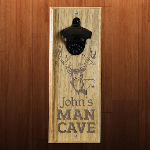 Engraved Man Cave Wooden Wall Bottle Opener w/ Magnetic Cap Catcher - Deer