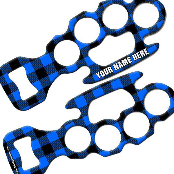 ADD YOUR NAME Knuckle Buster Bottle Opener - Blue Hipster Plaid