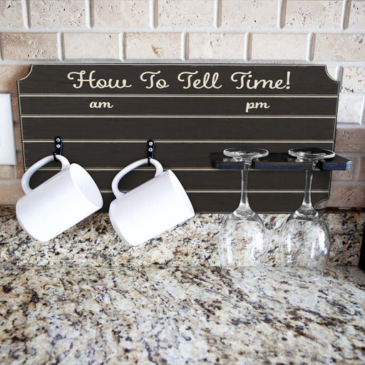 "How To Tell Time" Coffee Mug and Wine Glass Holder - Painted Background - Black