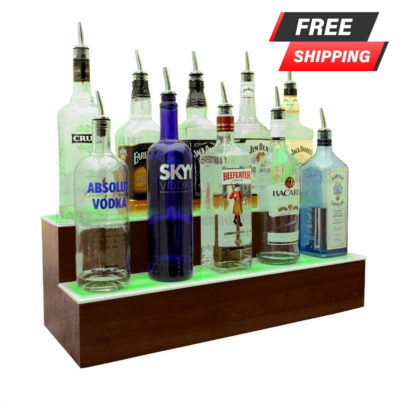 BarConic® LED Liquor Bottle Display Shelf - 2 Steps - Mahogany - Several Lengths