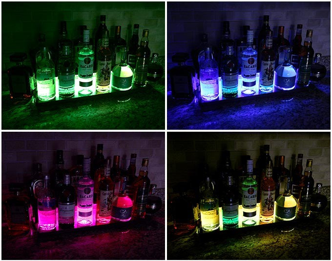 LED Counter Caddies™ - Wood Design Straight Shelf - Liquor/Wine Bottle Display - 24" Length w/ T-Molding and Multiple Finish Options - colors glow light