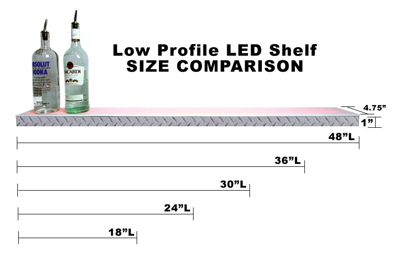 BarConic® LED Liquor Bottle Display Shelf - Low Profile - 1 Step - Diamond Plate Print - Several Lengths
