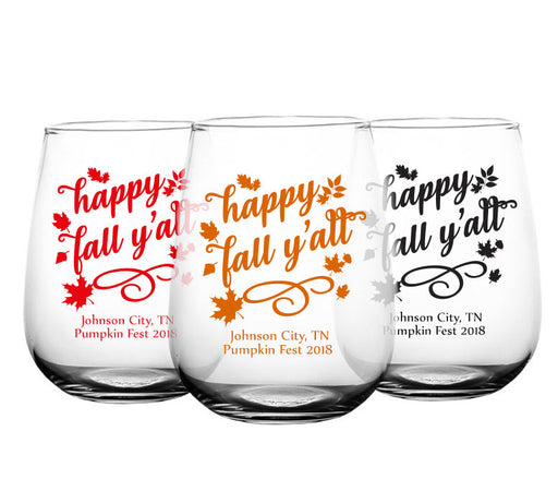 CUSTOMIZABLE - Stemless Wine Glass - 17 ounce - Happy Fall Y'all