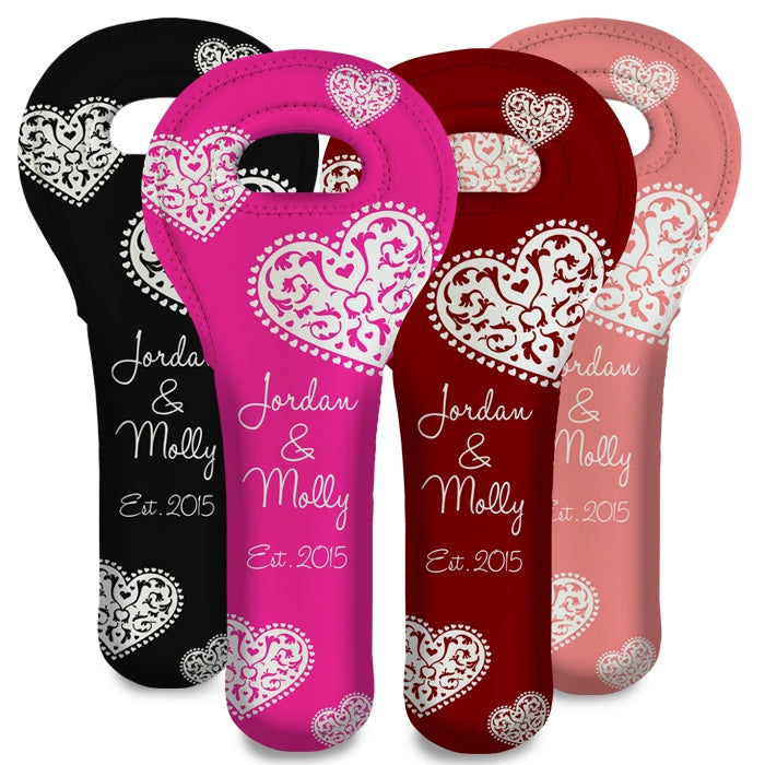 ADD YOUR NAME Wine Totes - Heart Pattern - Several Color Options