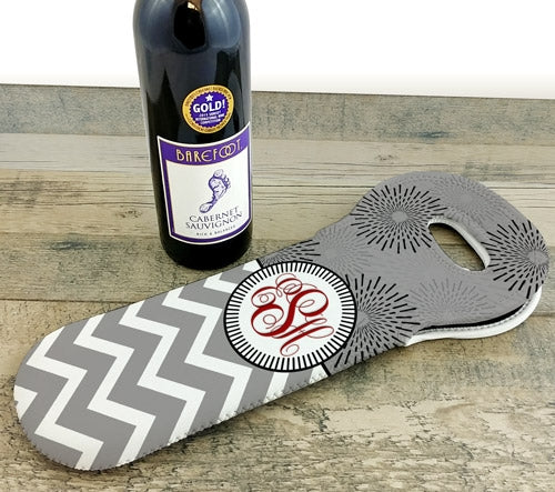 CUSTOMIZABLE Wine Tote - Monogram Design - Gray Sunburst // Chevron 