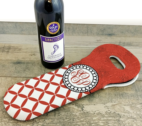 CUSTOMIZABLE Wine Tote - Monogram Design - Red Sunburst // Lattice Pattern