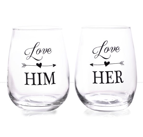 Love Him, Love Her Stemless Wine Glass Set