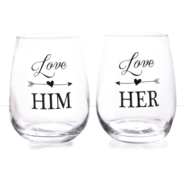Love Him, Love Her Stemless Wine Glass Set