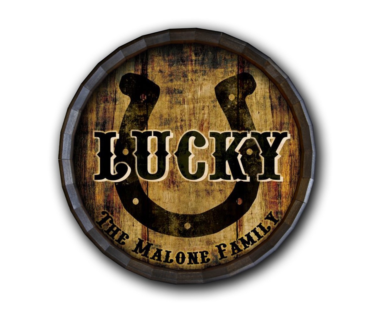Custom Wood Barrel Top Sign Lucky Horseshoe — Bar Products