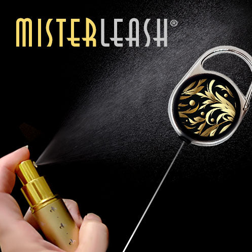 Mister Leash™ - Retractable and Refillable Gold Atomizer for "On the Go" Hand Sanitizer - Golden Feathers