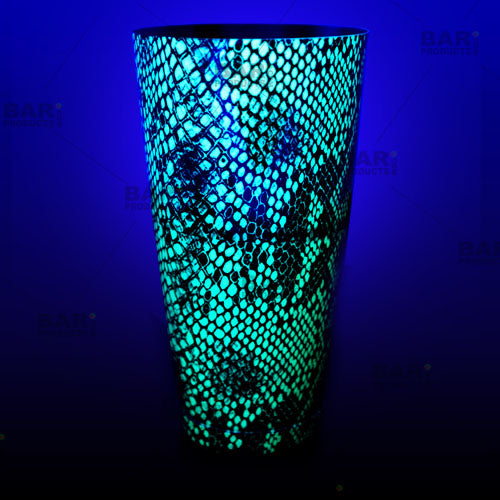 Neon Green Snake Skin Cocktail shaker glows under a blacklight!