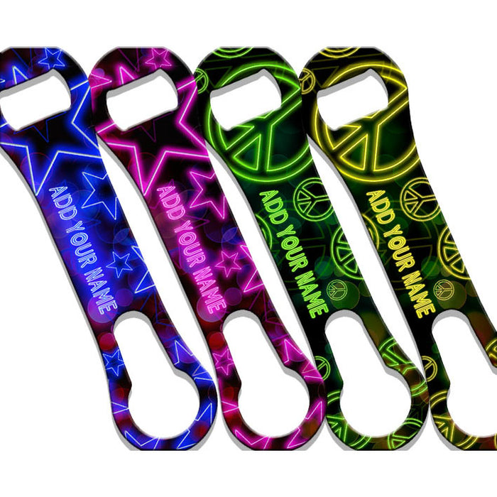 neon peace signs and stars v-rod bottle openers