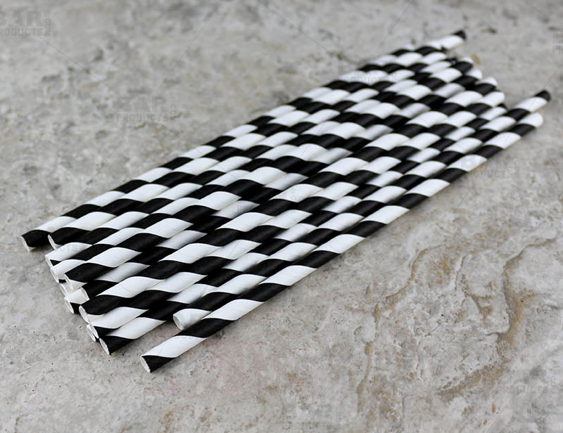 BarConic® "Eco-Friendly" Paper Straws - 7 3/4" Black & White Stripe - Packs of 100