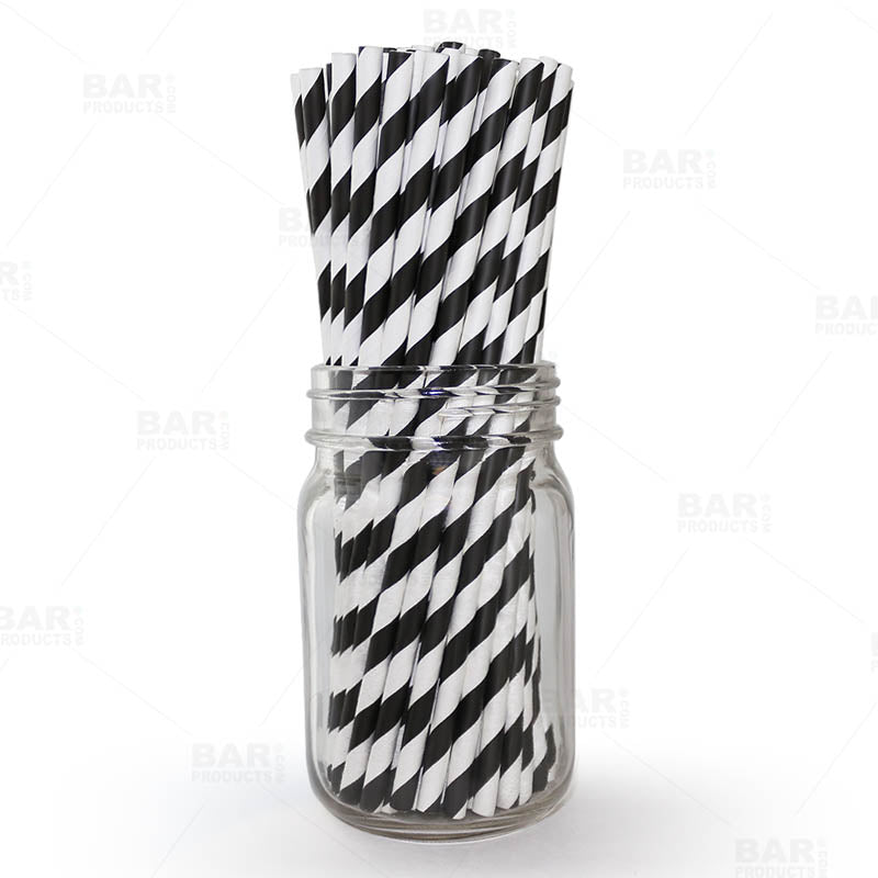 BarConic® "Eco-Friendly" Paper Straws - 7 3/4" Black & White Stripe - Packs of 100