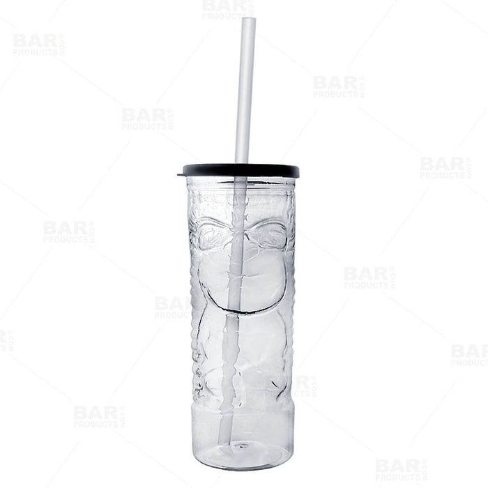 BarConic® Drinkware - Plastic Tiki Cup w/ Lid and Straw - 24 ounce Clear