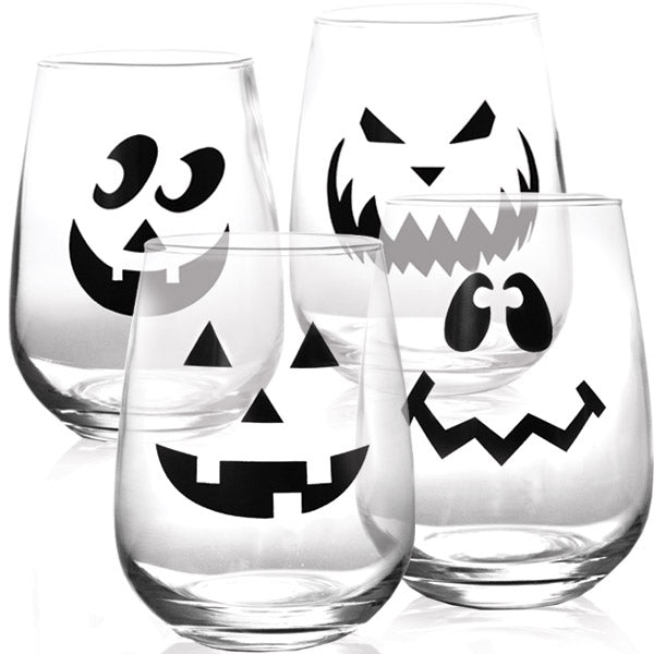 BarConic Halloween Jack O'Lantern Stemless Wine Glasses - Set of 4