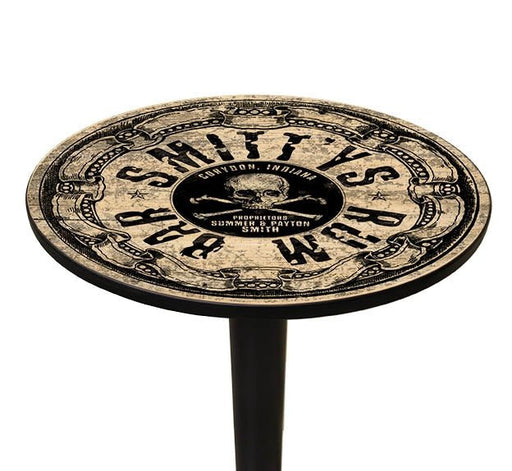 Round table with decorative top featuring 'Bar Smith & Wesson' branding on a white background