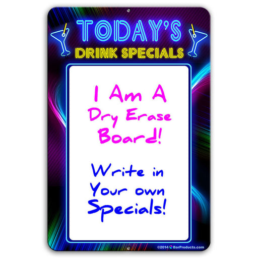 Today's Drink Specials - Dry Erase 12" x 18" Metal Bar Sign - Neon Themed