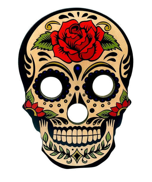 Decorative skull design with a red rose on a beige background