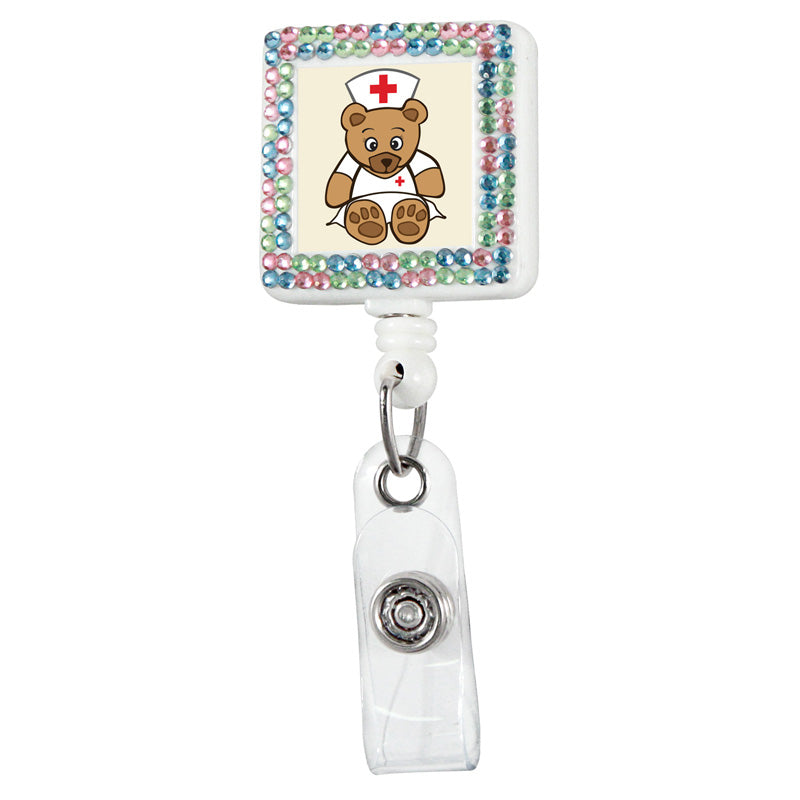 Nurse Bear Square Plastic Badge Reel with Crystals