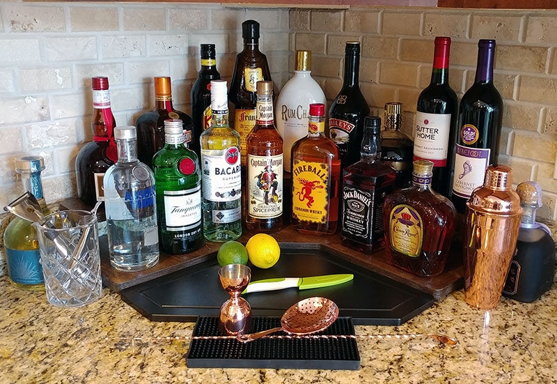 Counter Caddies™ - Walnut-Stained Corner Shelf - Liquor/Wine Bottle Display Style - alcohol spirits bartending tools supplies