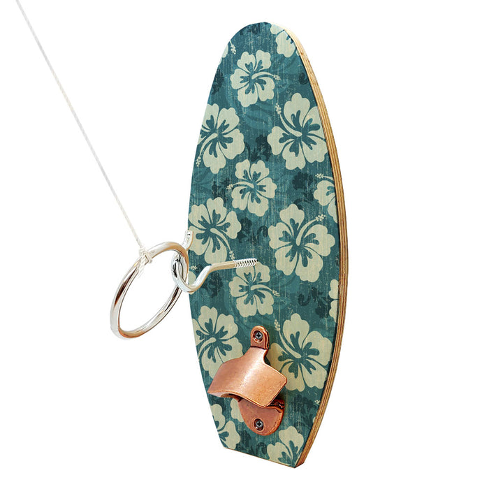 Wall Mounted Surfboard Ring Toss Game with Bottle Opener - Blue Hibiscus Surfboard Design