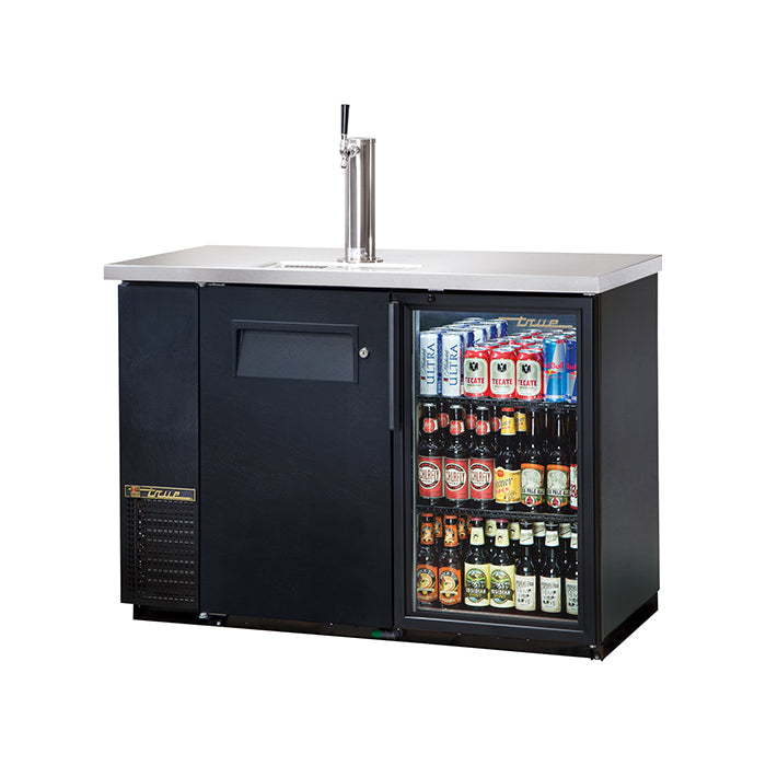 True® Solid Swing Door 24" Back Bar/Direct Draw Beer Dispenser (1 Barrel + 144 Cans) - Single Glass Door - LED Lighting