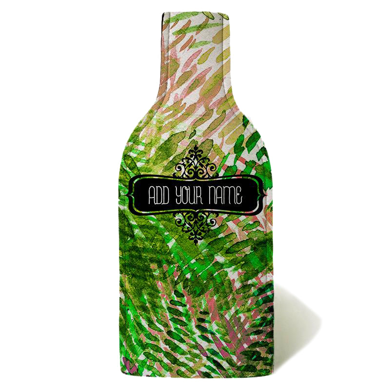 ADD YOUR NAME - Wine Bottle Cooler with Strap - Green/Pink Watercolor