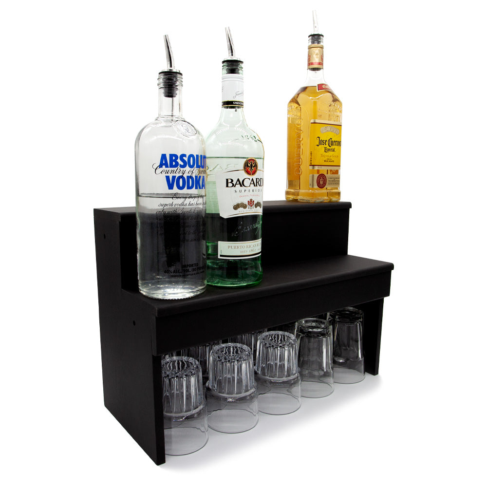 Wood Under Storage Liquor Shelves - 2 Tier - Black - Bottles Glasses Side
