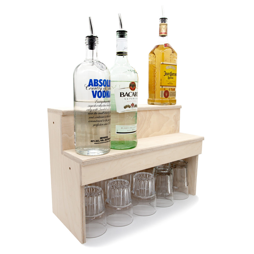 Wood Under Storage Liquor Shelves - 2 Tier - Natural - Bottles Glasses Side
