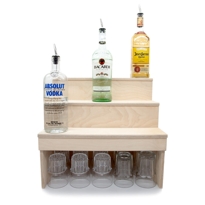 Wood Under Storage Liquor Shelves - 3 Tier - Natural - Bottles Glasses Front